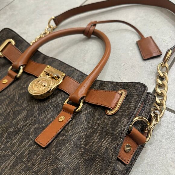 Michael Kors Hamilton Large Logo MK Signature Brown Gold Lock Bag Handbag - Picture 3 of 11